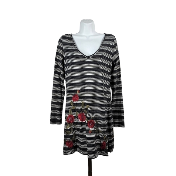 JOHNNY WAS STRIPED ROSE EMBROIDERED LONG SLEEVE DRESS - Picture 1 of 9